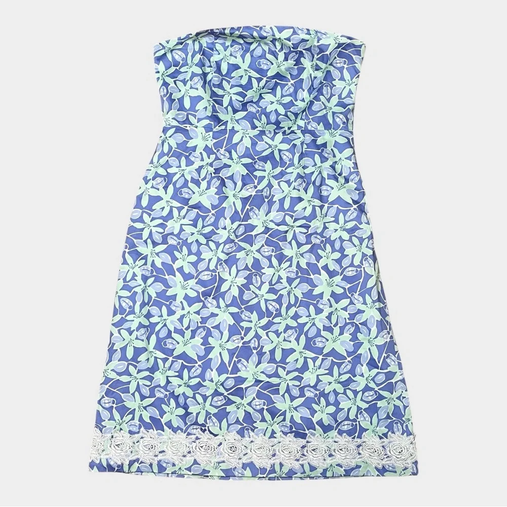 LILLY PULITZER Periwinkle Blue & Mint Floral Strapless Sundress Size 12 - Picture 2 of 6